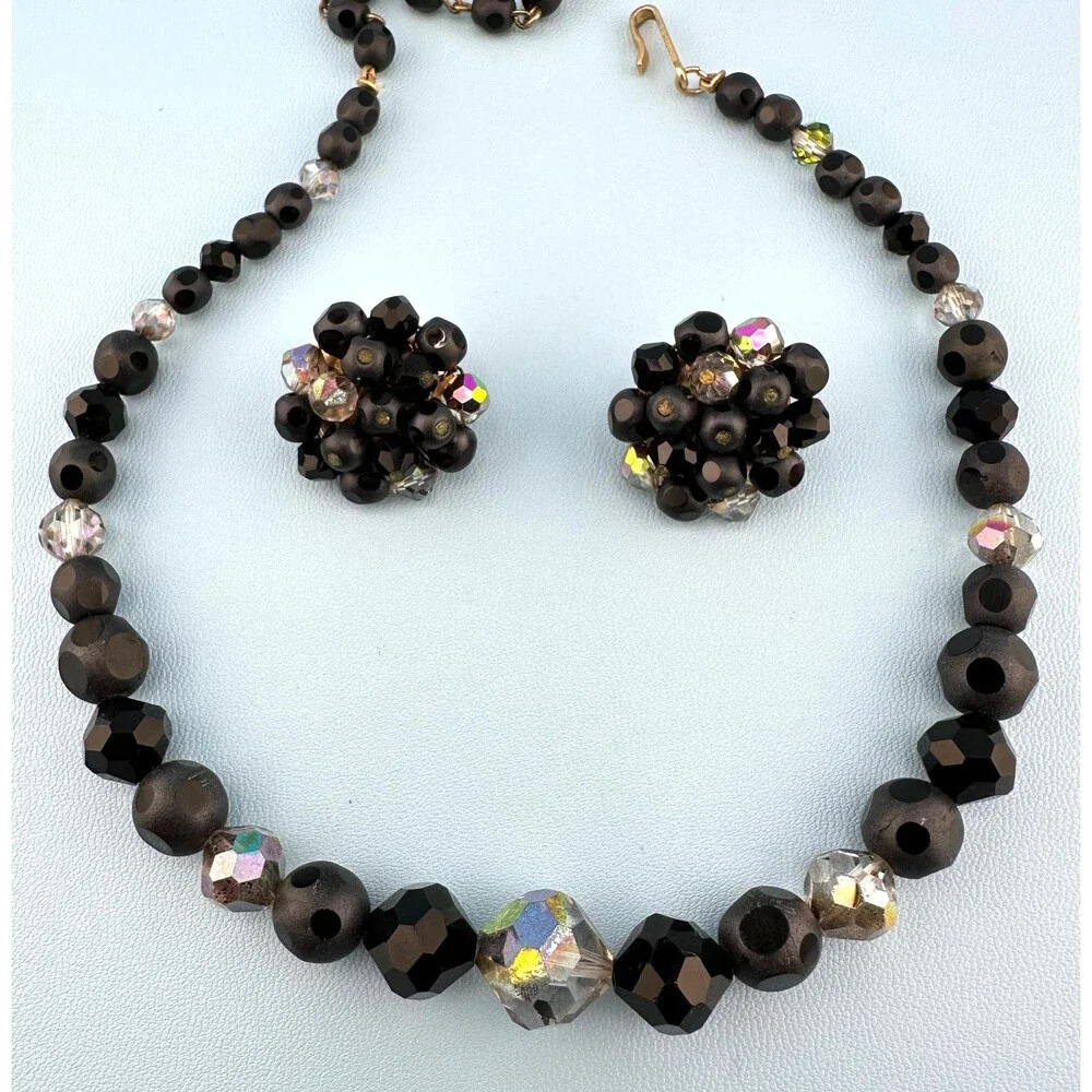 Vintage Laguna Necklace Earrings Set Matte Black AB Faceted Glass Bead Cluster